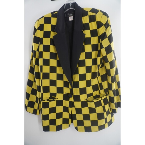 Plymouth Black & Yellow Checkered Statement Tailored Vintage Silk Blazer Size 8 - Picture 2 of 12